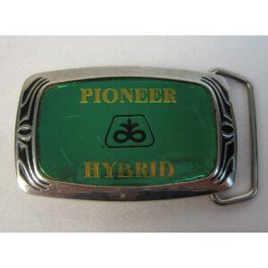 Vintage Pioneer Seeds Company Green Brass Belt Buckle 1987